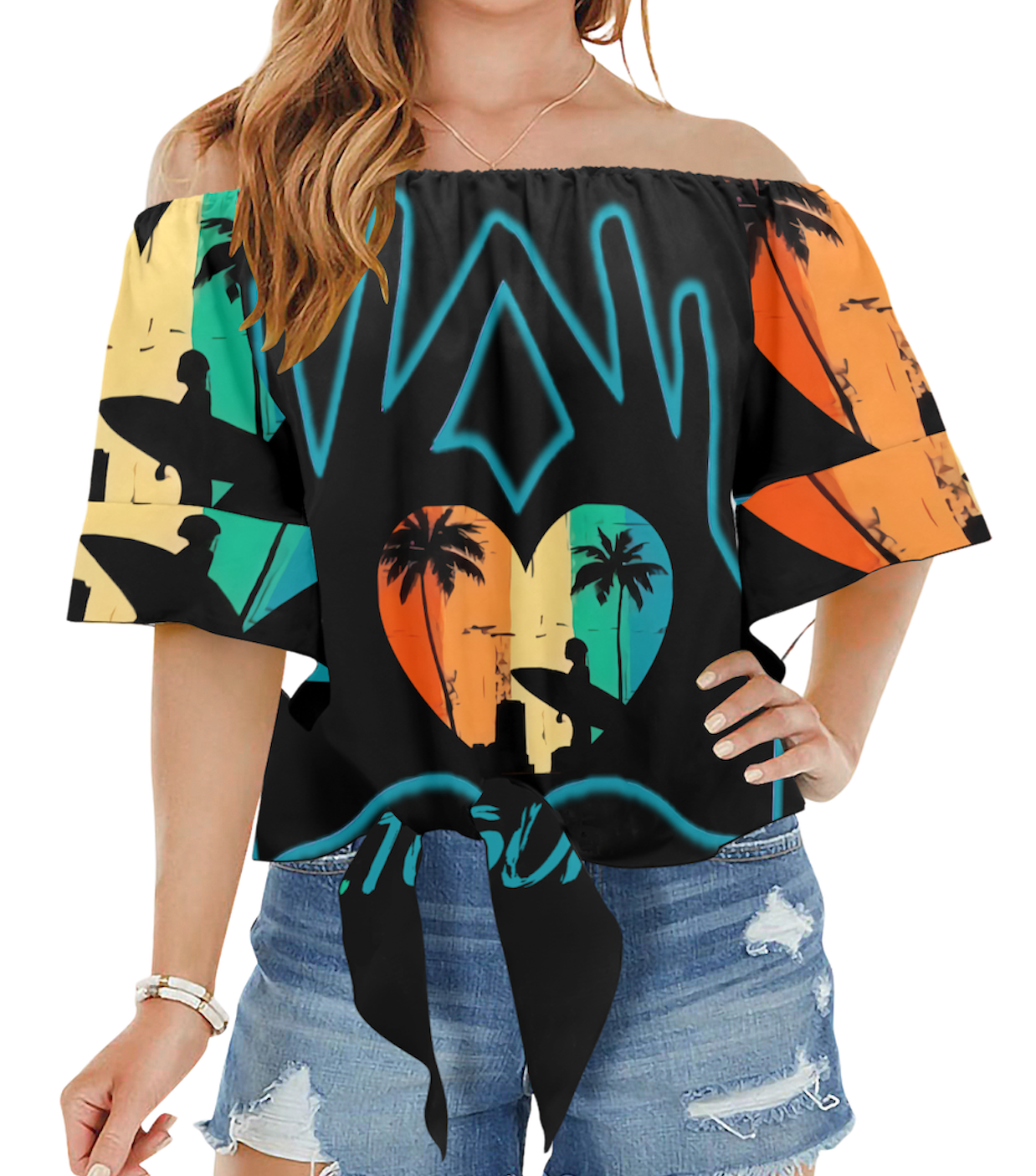 Live, Love, Learn...To Surf - Off Shoulder Knot Front Blouse